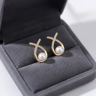 Criss-Cross Pearl & Zirconia Gold Stud Earrings