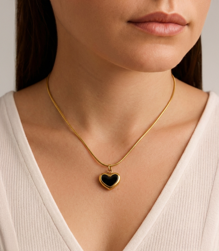 Midnight Black Heart Gold Snake Chain Necklace
