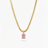 Radiant Pink Zirconia Gold Herringbone Necklace 2