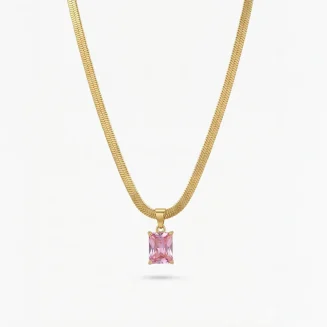 Radiant Pink Zirconia Gold Herringbone Necklace