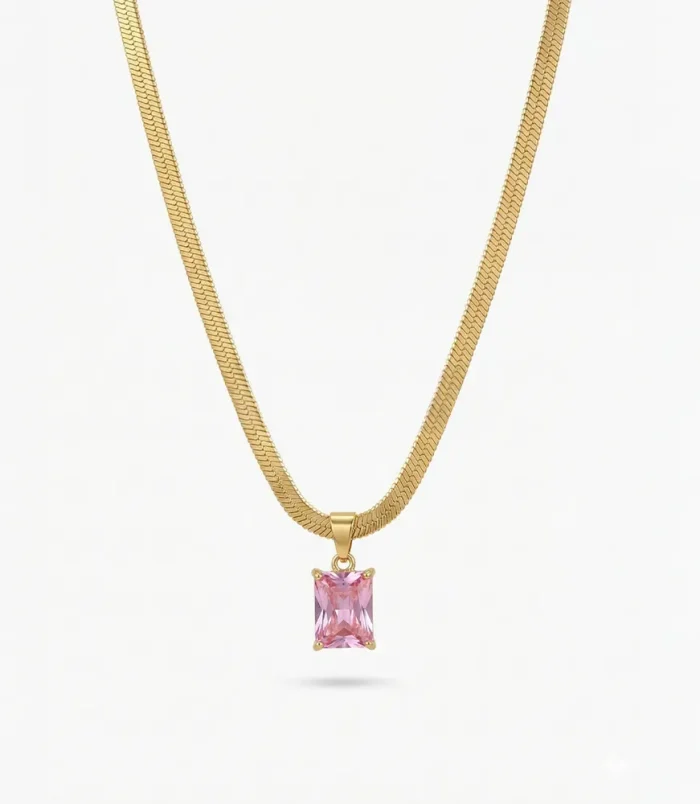 Radiant Pink Zirconia Gold Herringbone Necklace 2 Radiant Pink Zirconia Gold Herringbone Necklace 2