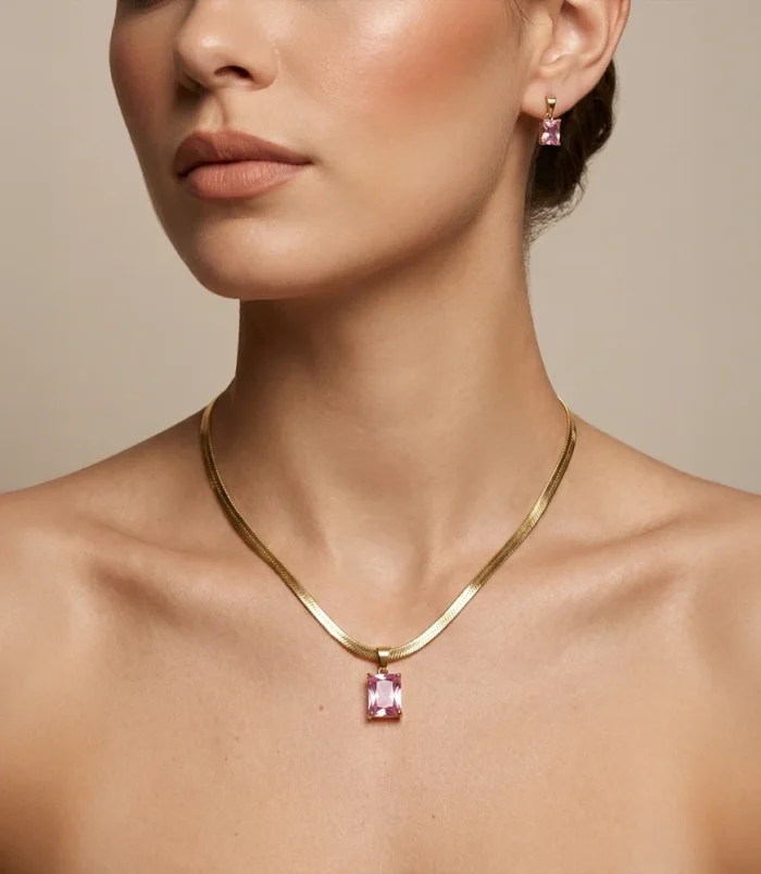 Radiant Pink Zirconia Gold Herringbone Necklace Radiant Pink Zirconia Gold Herringbone Necklace