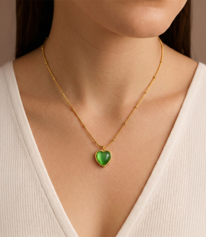 Verdant Green Heart Gold Satellite Necklace