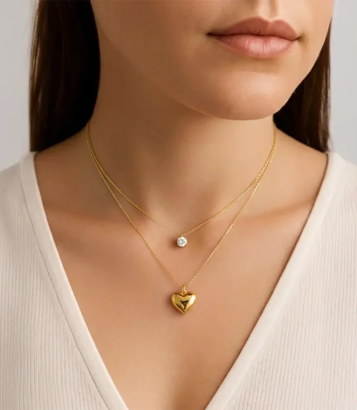 Double Layer Heart & Crystal Gold Necklace 2