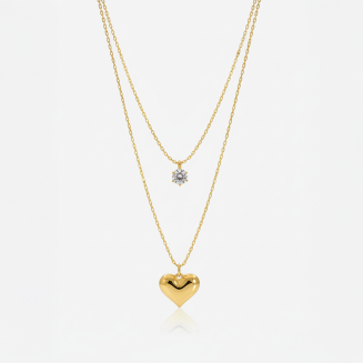 Double Layer Heart & Crystal Gold Necklace