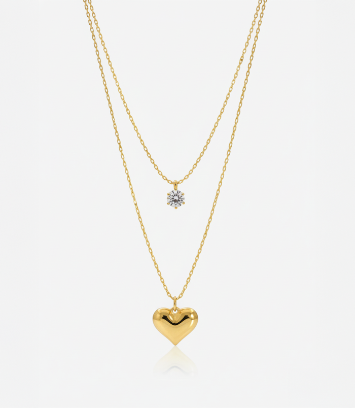 Double Layer Heart & Crystal Gold Necklace